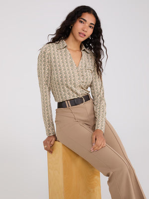 Geo Print Split Neck Button-Down Blouse Med Brown