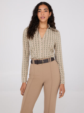 Geo Print Split Neck Button-Down Blouse Med Brown