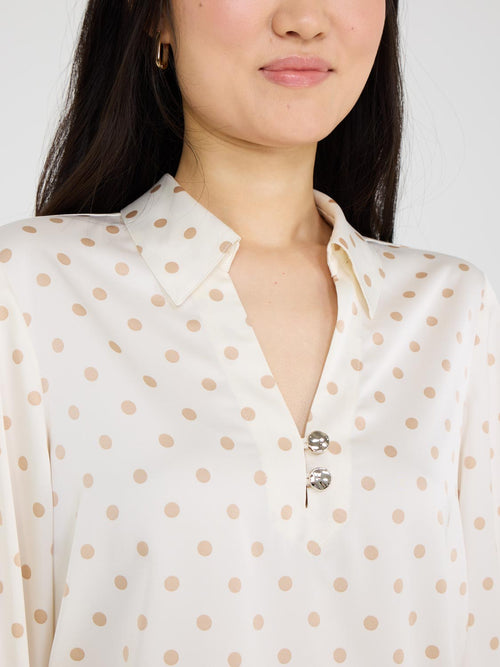 Dot Print Split Collar Satin Blouse