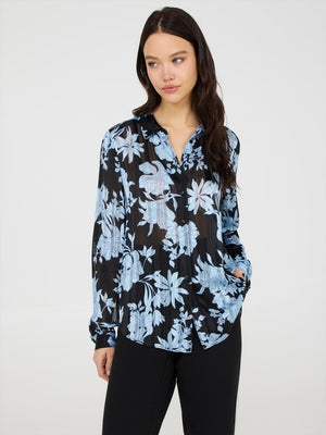 Floral Print Button-Front Chiffon Blouse Black