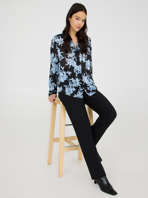 Floral Print Button-Front Chiffon Blouse Black