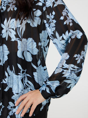 Floral Print Button-Front Chiffon Blouse Black