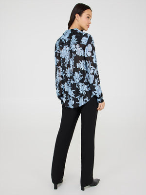 Floral Print Button-Front Chiffon Blouse Black