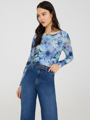 Floral Print Crew Neck Mesh Top Provence Blue