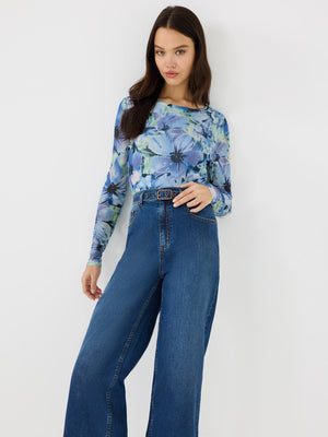 Floral Print Crew Neck Mesh Top Provence Blue