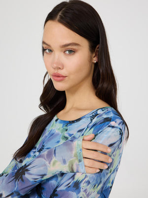 Floral Print Crew Neck Mesh Top Provence Blue