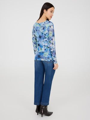 Floral Print Crew Neck Mesh Top Provence Blue