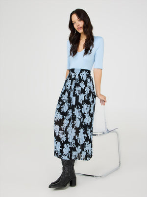 Floral Print Pleated Chiffon Midi Skirt Black