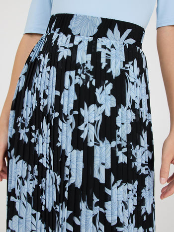 Floral Print Pleated Chiffon Midi Skirt Black