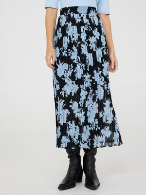 Floral Print Pleated Chiffon Midi Skirt Black