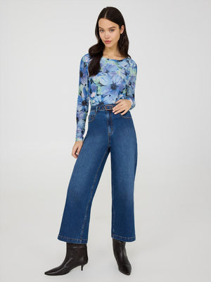 Cropped Wide-Leg Belted Jeans Dk Denim Blasted