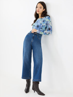 Cropped Wide-Leg Belted Jeans Dk Denim Blasted