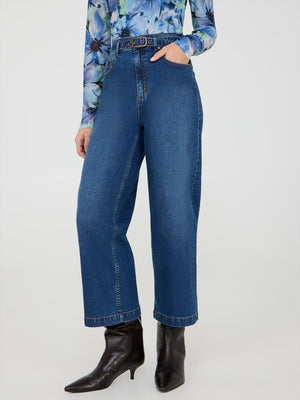 Cropped Wide-Leg Belted Jeans Dk Denim Blasted