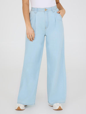 Front Pleat Wide-Leg Jeans Lt Denim Blasted