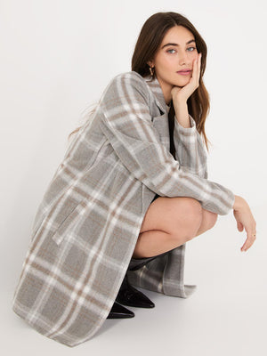 Plaid Open-Front Car Coat Silver