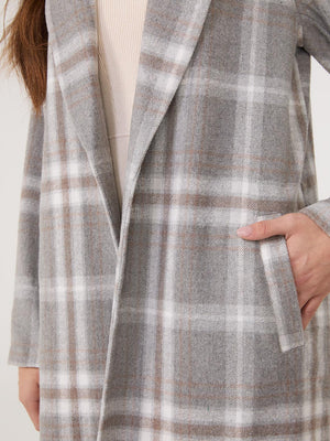 Plaid Open-Front Car Coat Silver