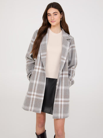 Plaid Open-Front Car Coat Silver