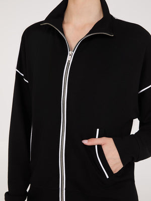 Contrast Piping Zip-Up Jacket Black