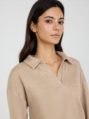 Melange Ribbed Johnny Collar Sweater Beige