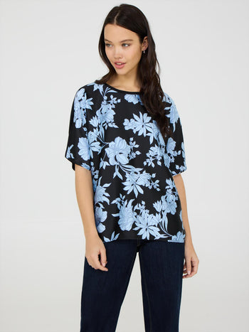 Printed Dolman Sleeve Satin Top Black