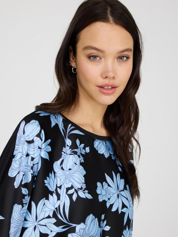 Printed Dolman Sleeve Satin Top Black