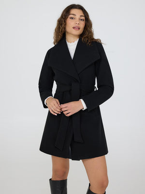 Manteau portefeuille à col châle en fausse laine Black