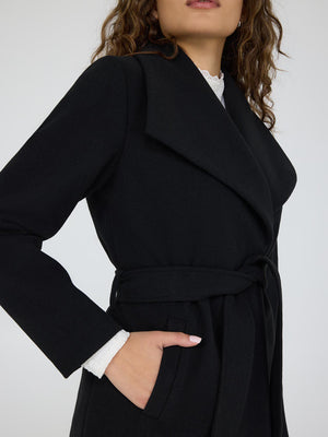 Faux Wool Shawl Collar Wrap Coat Black