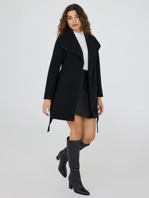 Faux Wool Shawl Collar Wrap Coat Black