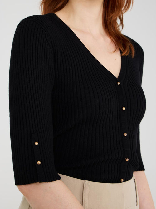 Ribbed V-Neck Button-Front Sweater