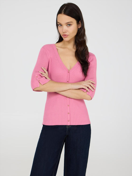 Ribbed V-Neck Button-Front Sweater