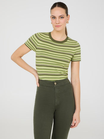 Striped Short Sleeve Sweater Dk Green