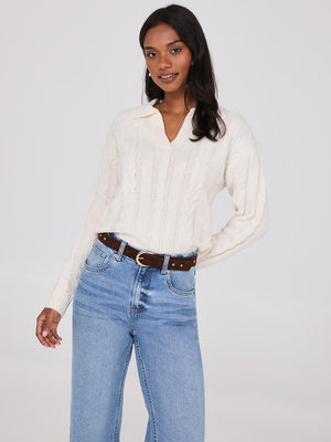 Multi-Cable Johnny Collar Sweater Pearl