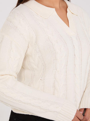 Multi-Cable Johnny Collar Sweater Pearl