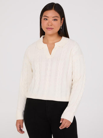 Multi-Cable Johnny Collar Sweater Pearl