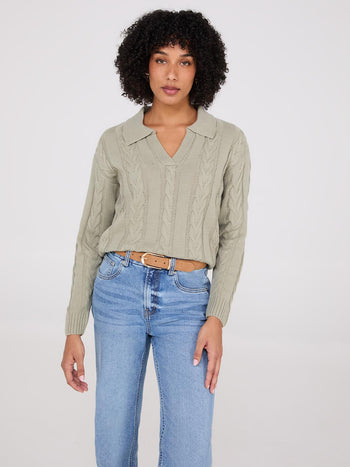 Multi-Cable Johnny Collar Sweater Sage