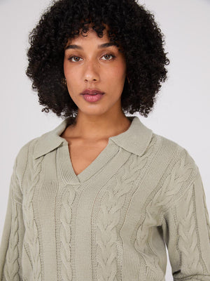 Multi-Cable Johnny Collar Sweater Sage