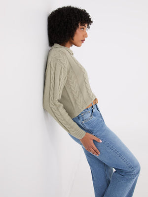 Multi-Cable Johnny Collar Sweater Sage