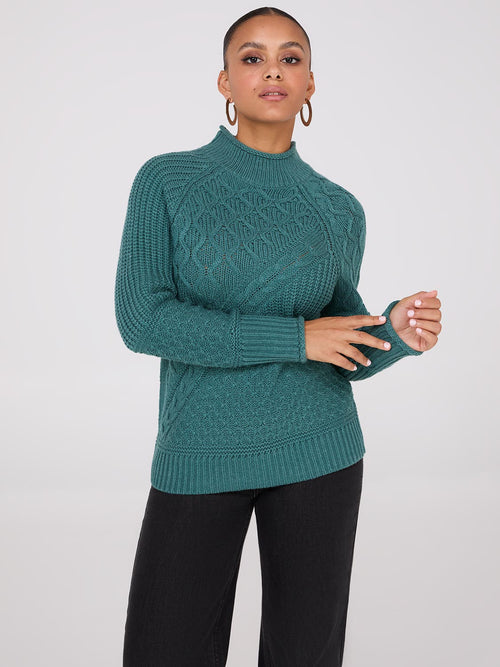 Multi Cable Knit Mock Neck Sweater