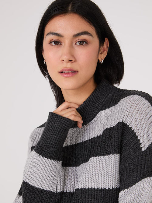 Striped Mock Neck Sweater With Side Slits