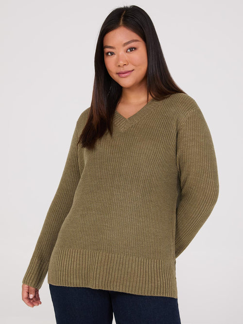 Ribbed V-Neck Sweater With Side Slits