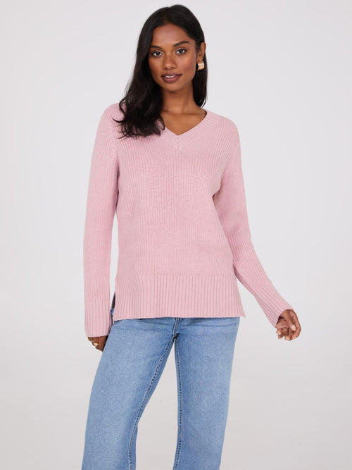 Ribbed V-Neck Sweater With Side Slits