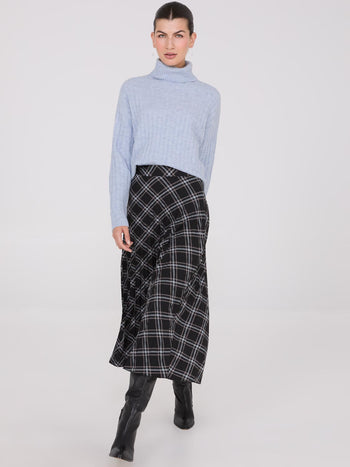 Plaid Print Pleated Midi Skirt Black