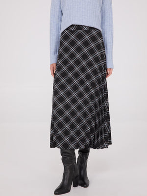 Plaid Print Pleated Midi Skirt Black