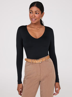 Double Layer V-Neck Long Sleeve Top Black