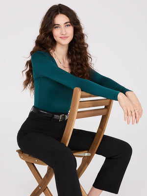 Double Layer V-Neck Long Sleeve Top Dk Green