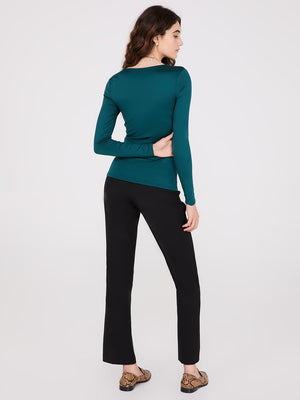 Double Layer V-Neck Long Sleeve Top Dk Green