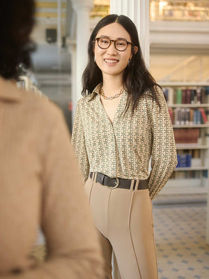 Geo Print Split Neck Button-Down Blouse Med Brown