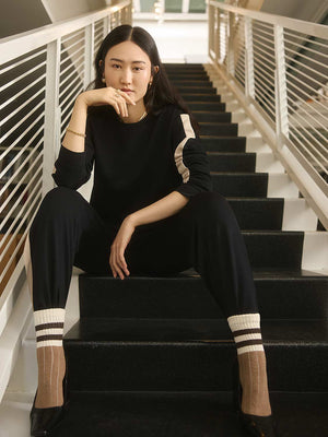 Contrast Stripe Cloud Fleece Wide-Leg Pants Black